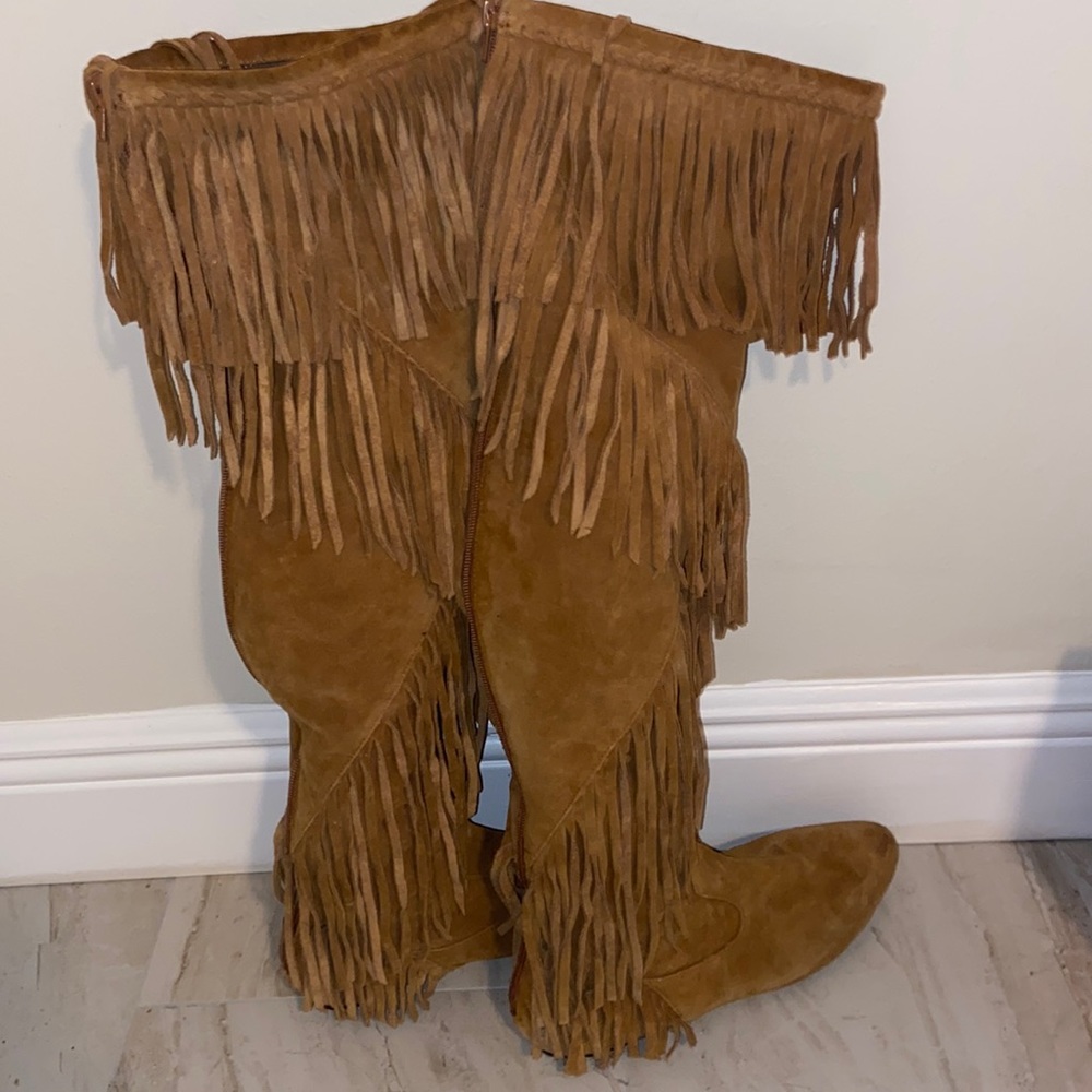 Sam Edelman Suede Tan Fringe Knee High Boots